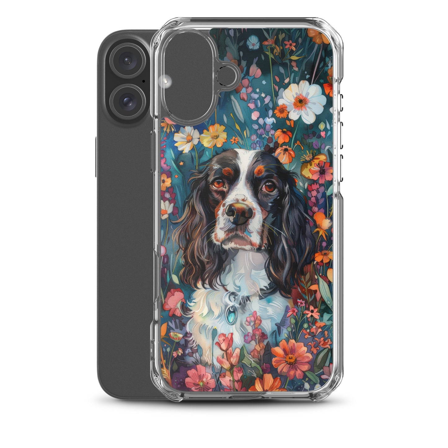 iPhone Case Watercolor English Springer Spaniel with Colorful Flowers