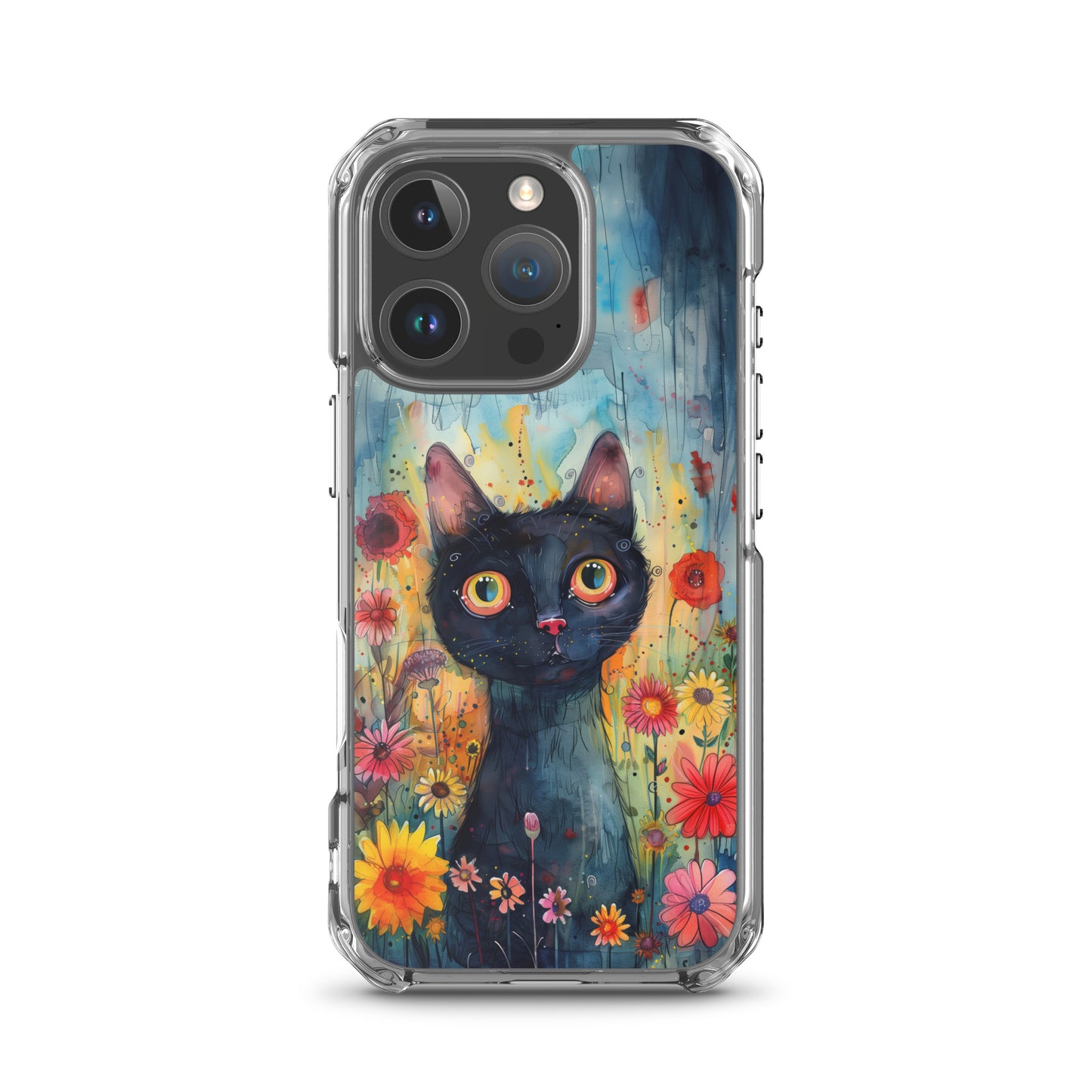 iPhone Case Watercolor Black Cat with Colorful Flowers