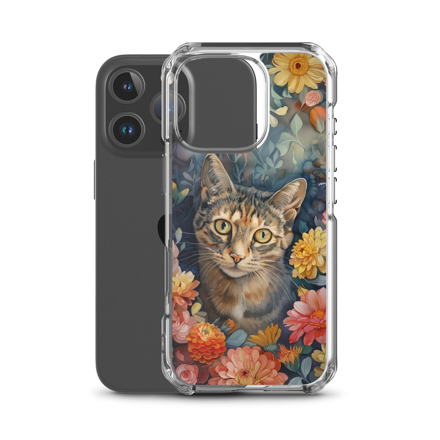 iPhone Case Watercolor Tabby Cat with Colorful Flowers