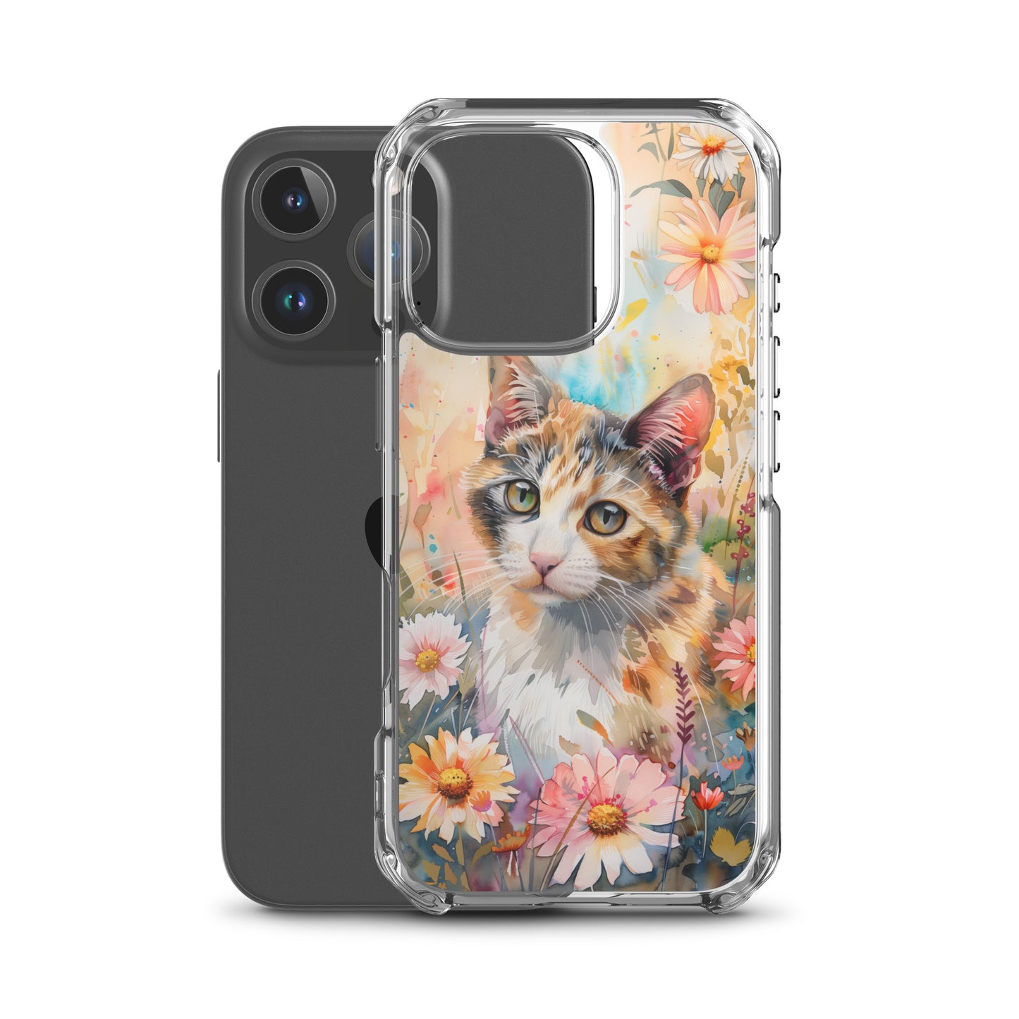 iPhone Case Watercolor Calico Cat with Colorful Flowers