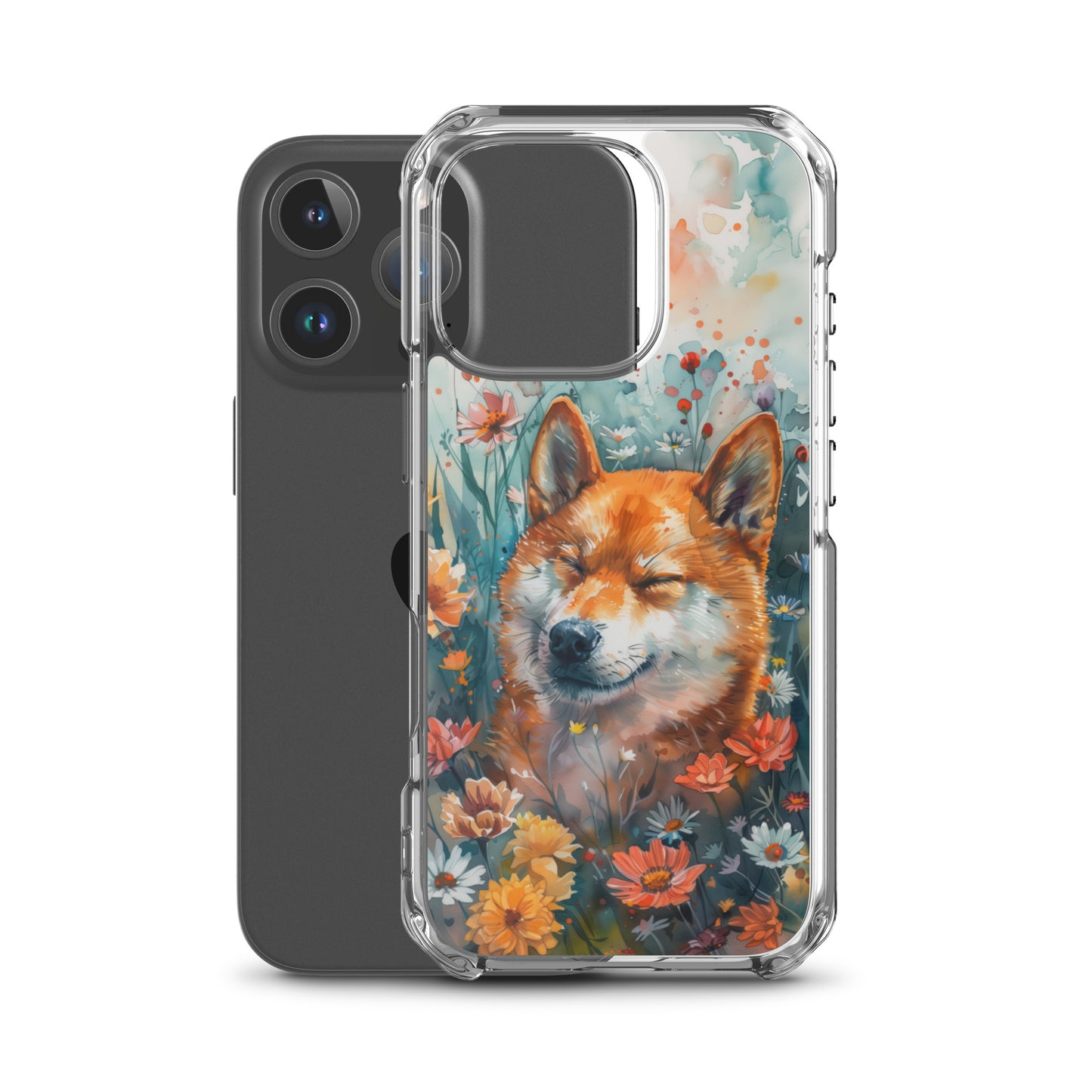 iPhone Case Watercolor Shiba Inu with Colorful Flowers