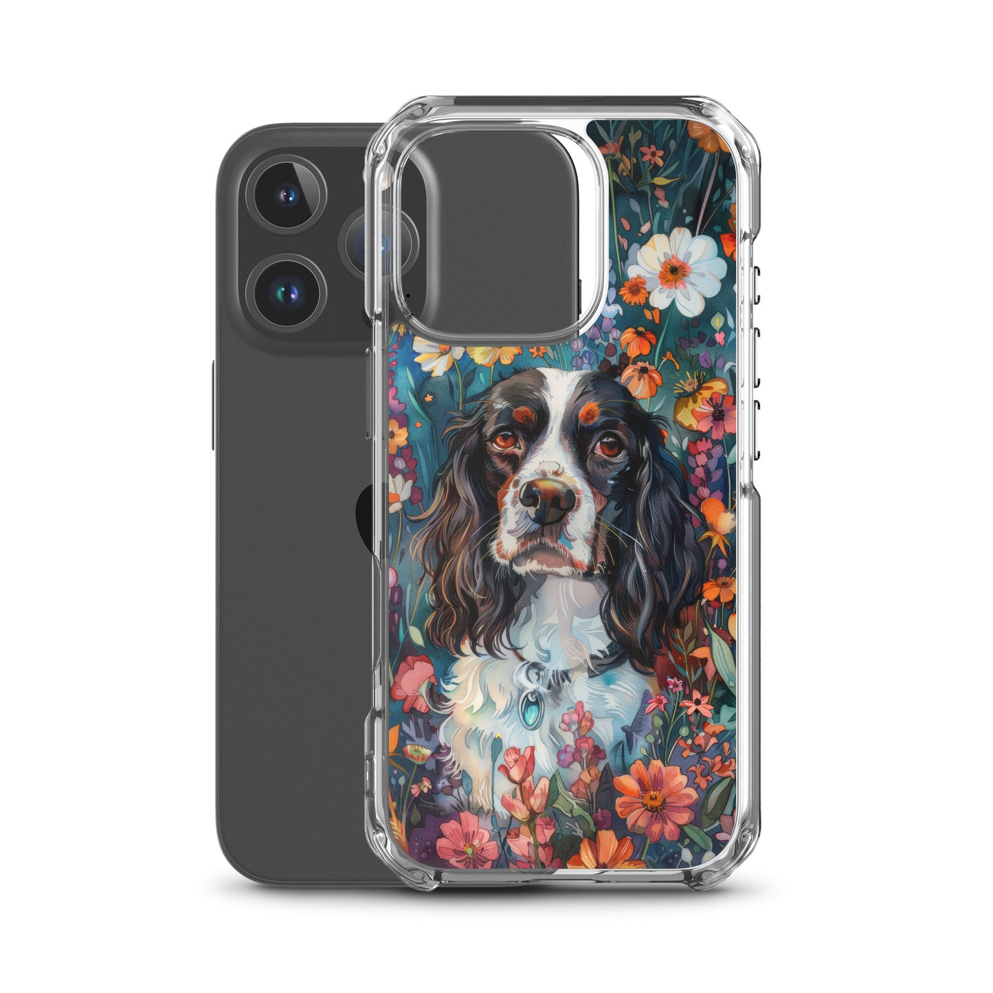 iPhone Case Watercolor English Springer Spaniel with Colorful Flowers