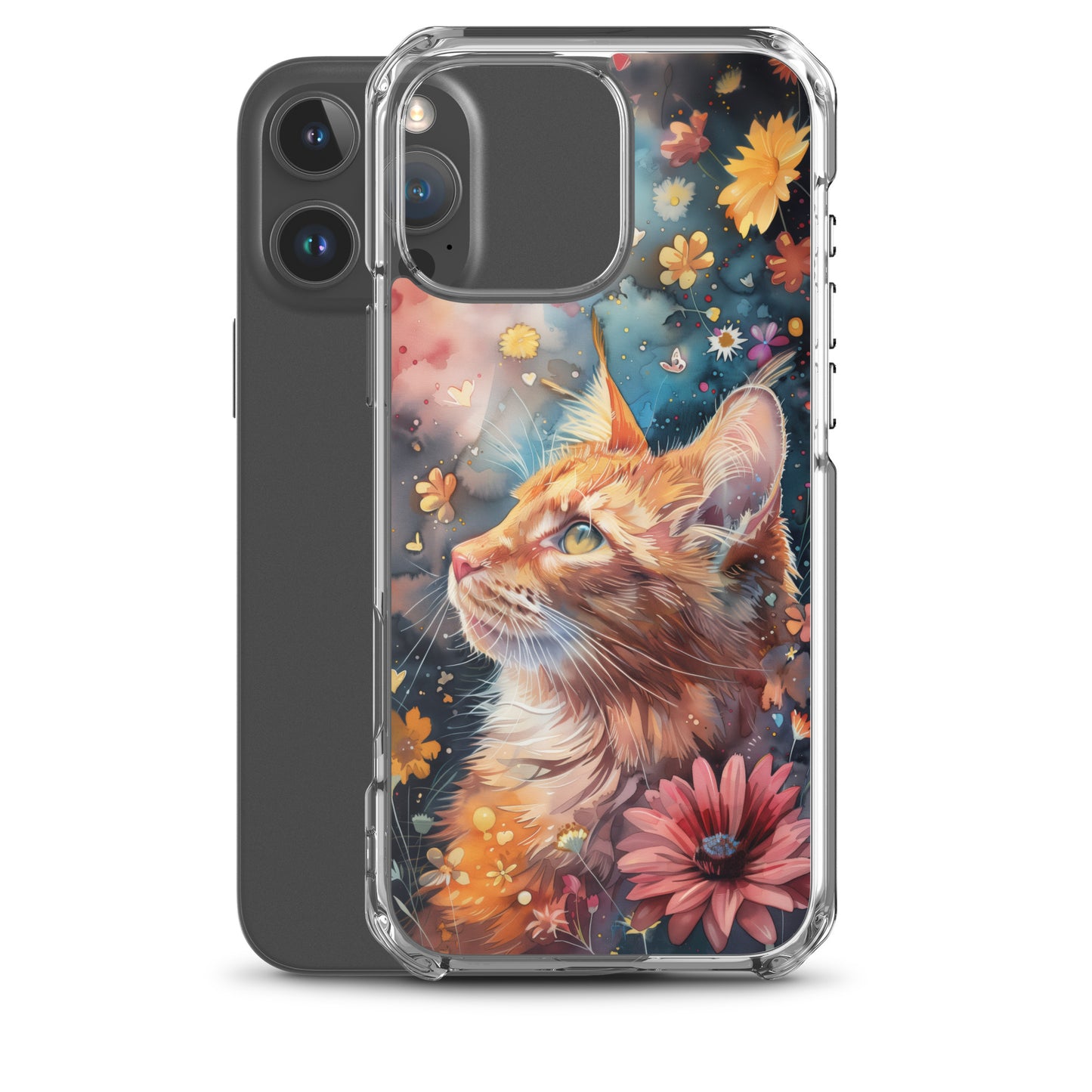 iPhone Case: Watercolor Orange Tabby Cat with Colorful Flowers