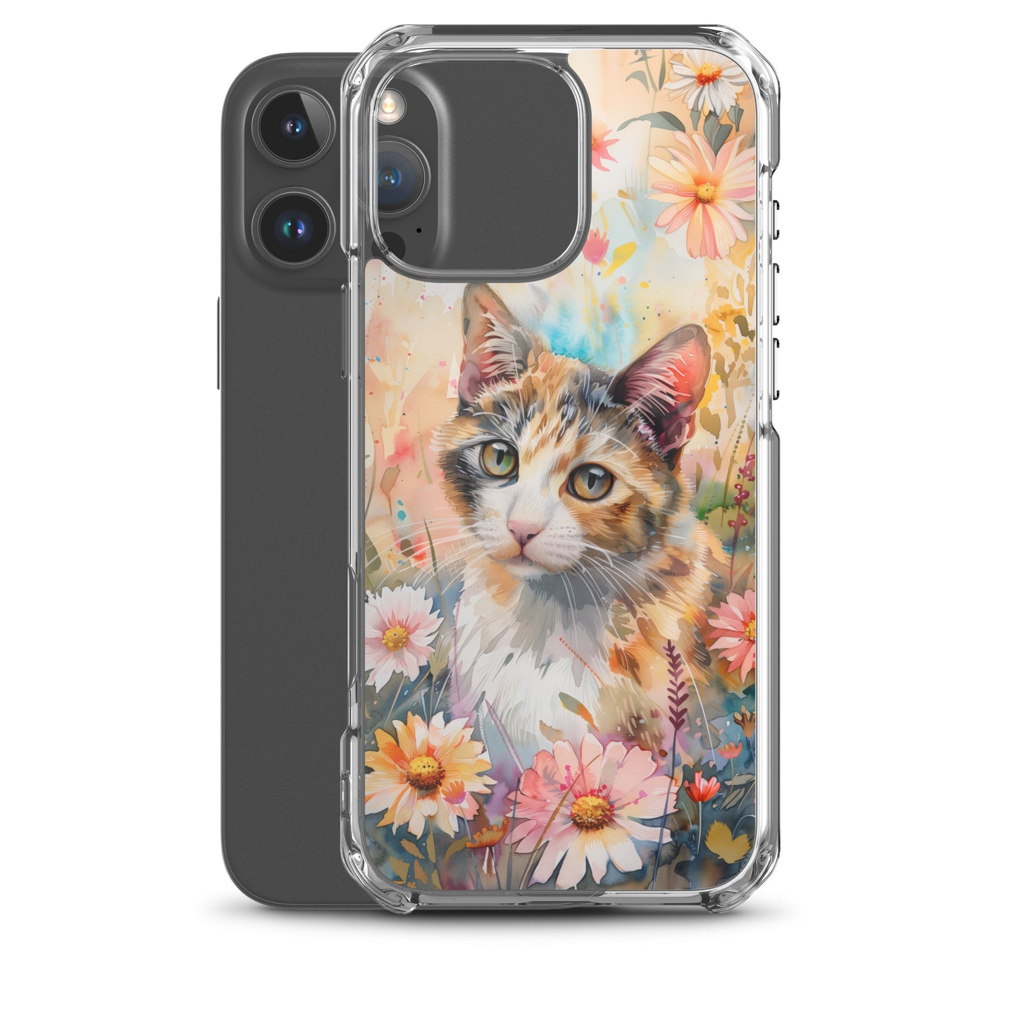 iPhone Case Watercolor Calico Cat with Colorful Flowers