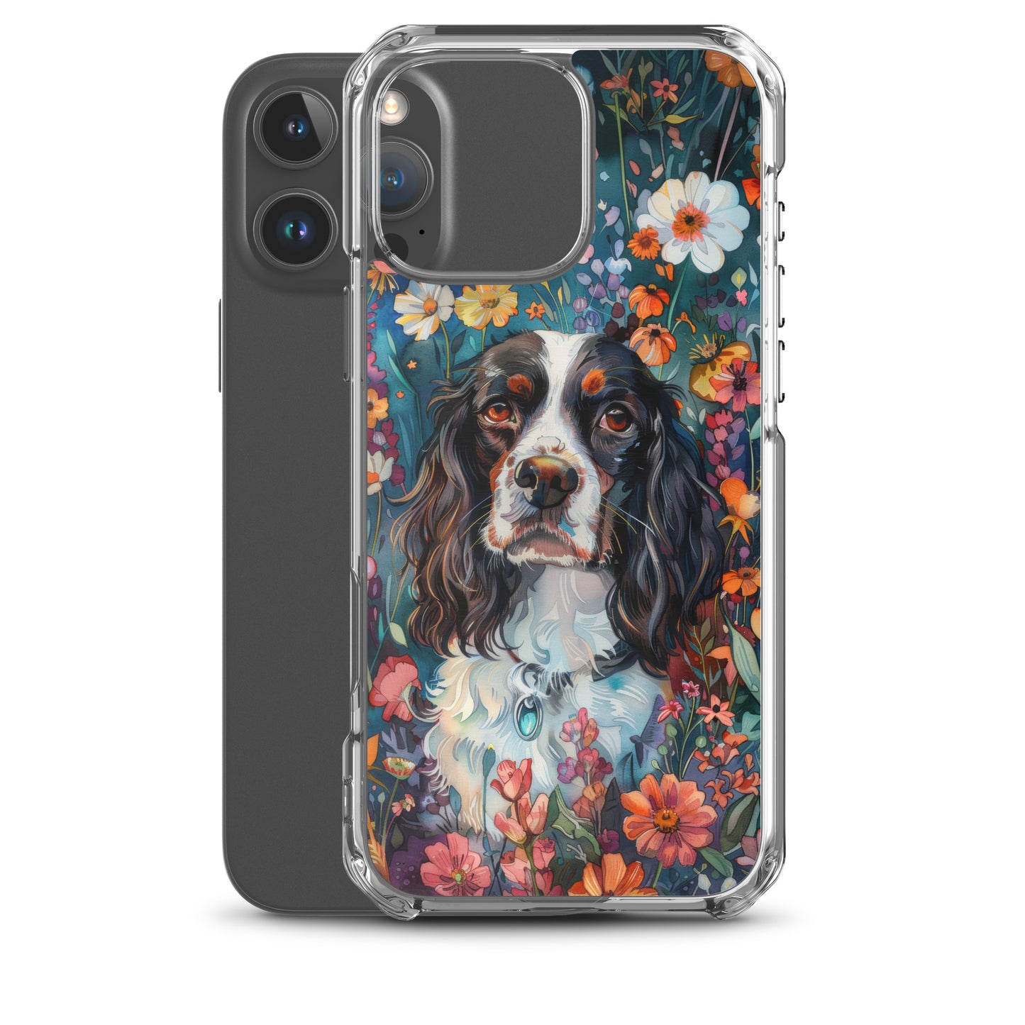 iPhone Case Watercolor English Springer Spaniel with Colorful Flowers