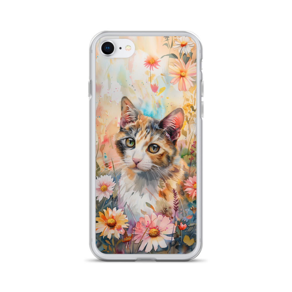 iPhone Case Watercolor Calico Cat with Colorful Flowers