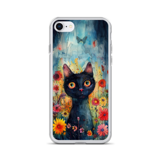iPhone Case Watercolor Black Cat with Colorful Flowers