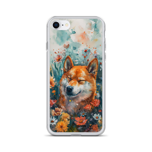 iPhone Case Watercolor Shiba Inu with Colorful Flowers