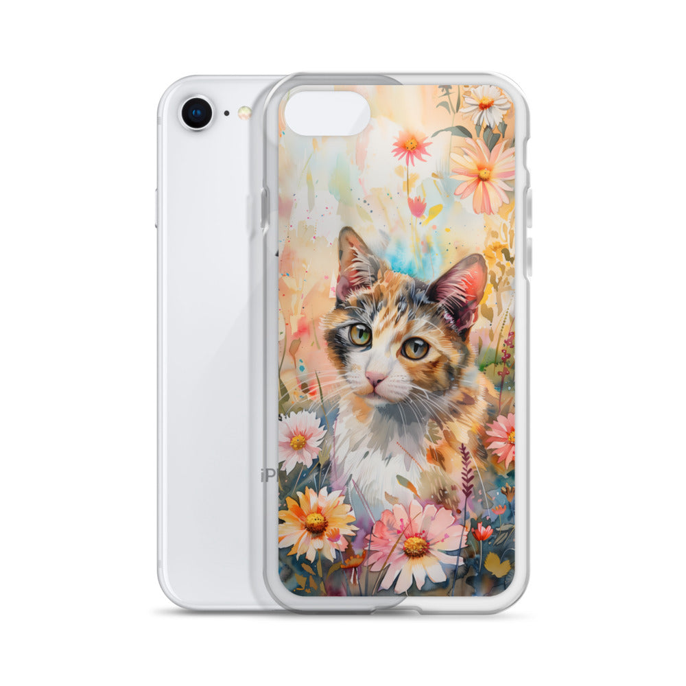 iPhone Case Watercolor Calico Cat with Colorful Flowers