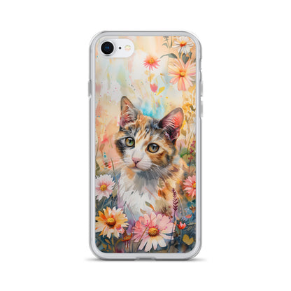 iPhone Case Watercolor Calico Cat with Colorful Flowers