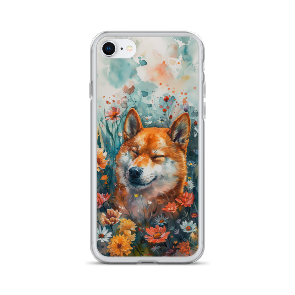 iPhone Case Watercolor Shiba Inu with Colorful Flowers