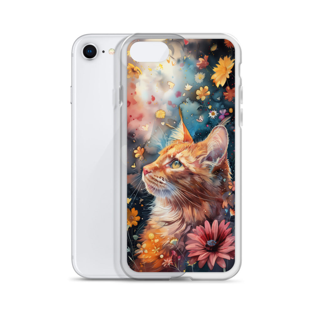 iPhone Case: Watercolor Orange Tabby Cat with Colorful Flowers