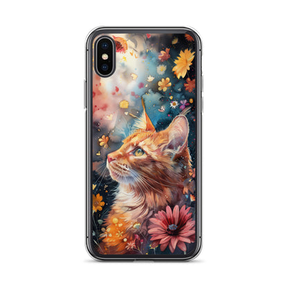 iPhone Case: Watercolor Orange Tabby Cat with Colorful Flowers