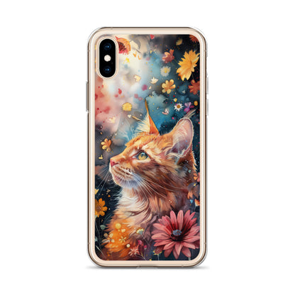 iPhone Case: Watercolor Orange Tabby Cat with Colorful Flowers