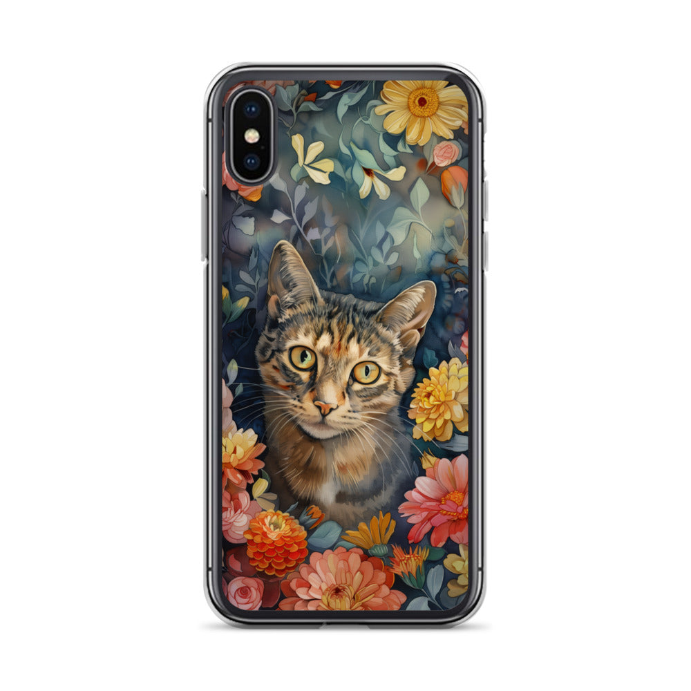 iPhone Case Watercolor Tabby Cat with Colorful Flowers