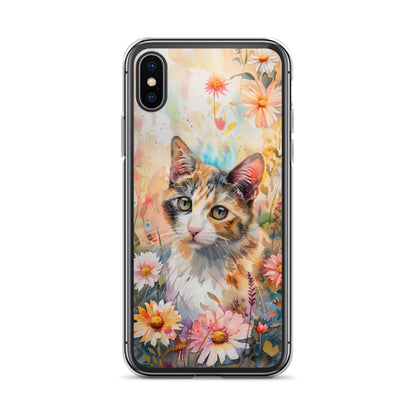 iPhone Case Watercolor Calico Cat with Colorful Flowers