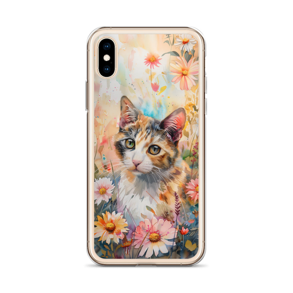 iPhone Case Watercolor Calico Cat with Colorful Flowers