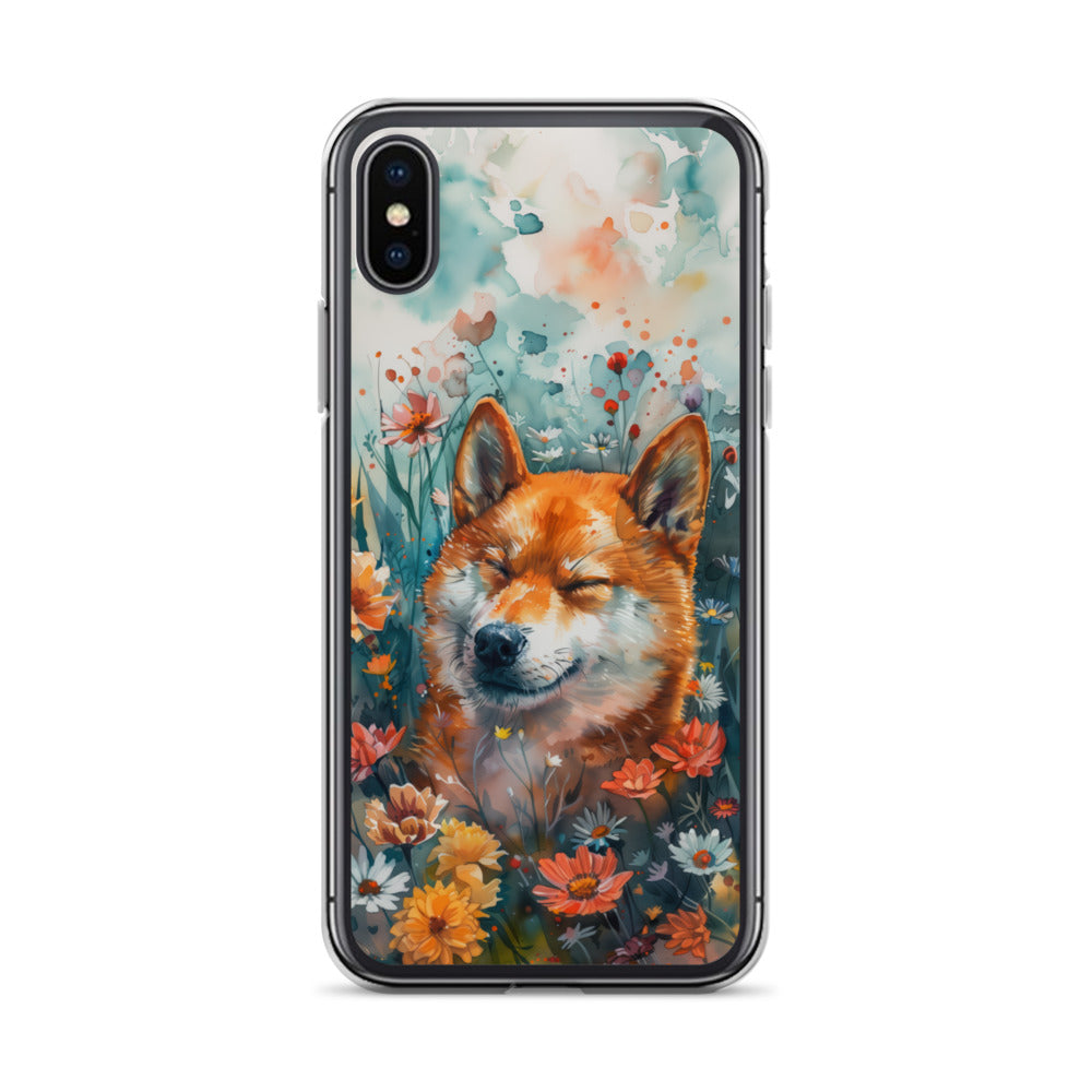 iPhone Case Watercolor Shiba Inu with Colorful Flowers