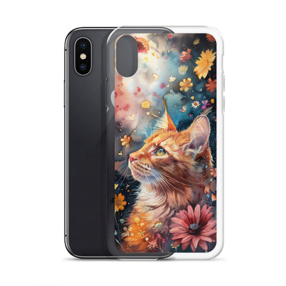 iPhone Case: Watercolor Orange Tabby Cat with Colorful Flowers