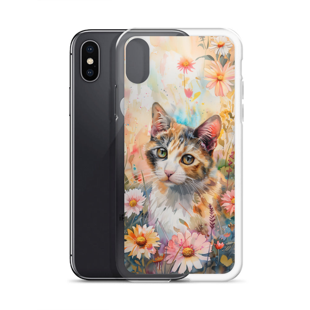 iPhone Case Watercolor Calico Cat with Colorful Flowers