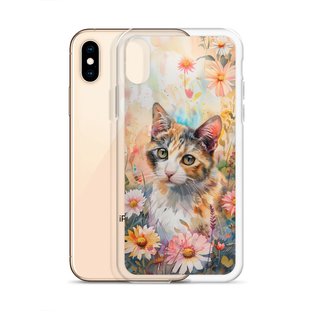 iPhone Case Watercolor Calico Cat with Colorful Flowers