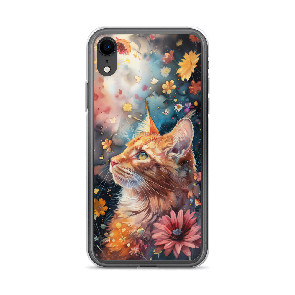 iPhone Case: Watercolor Orange Tabby Cat with Colorful Flowers