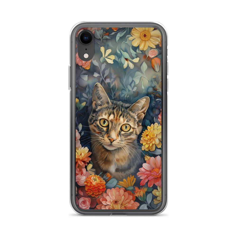 iPhone Case Watercolor Tabby Cat with Colorful Flowers