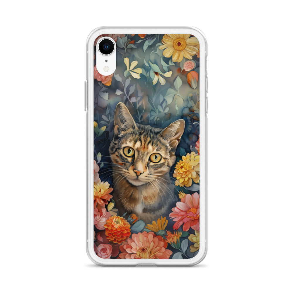 iPhone Case Watercolor Tabby Cat with Colorful Flowers