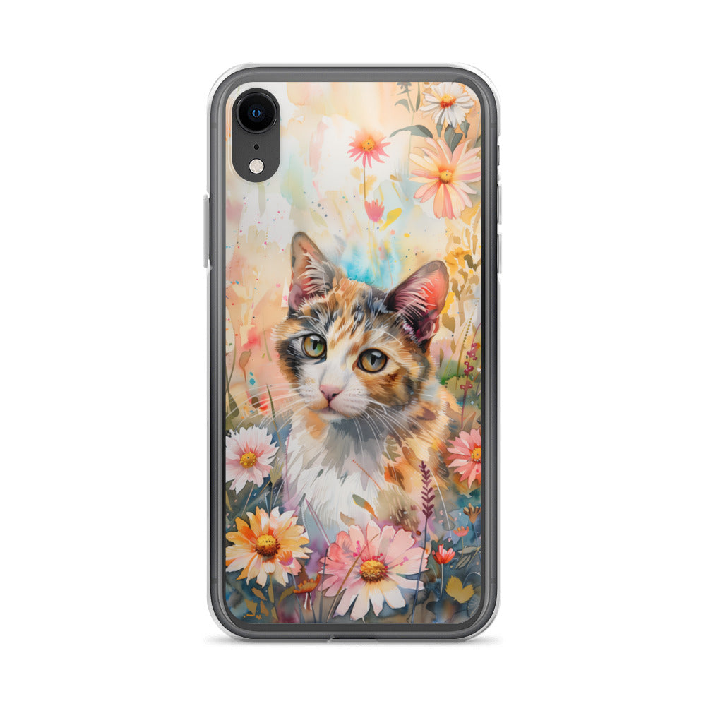 iPhone Case Watercolor Calico Cat with Colorful Flowers