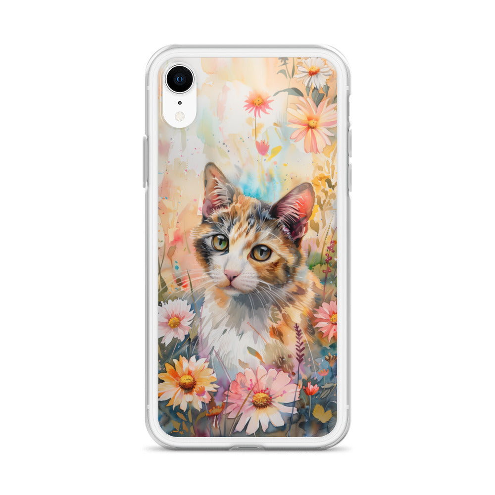 iPhone Case Watercolor Calico Cat with Colorful Flowers