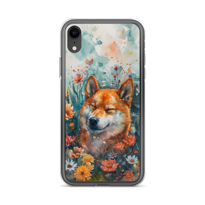 iPhone Case Watercolor Shiba Inu with Colorful Flowers
