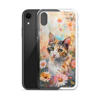 iPhone Case Watercolor Calico Cat with Colorful Flowers