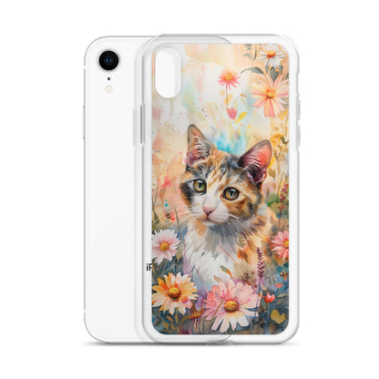 iPhone Case Watercolor Calico Cat with Colorful Flowers