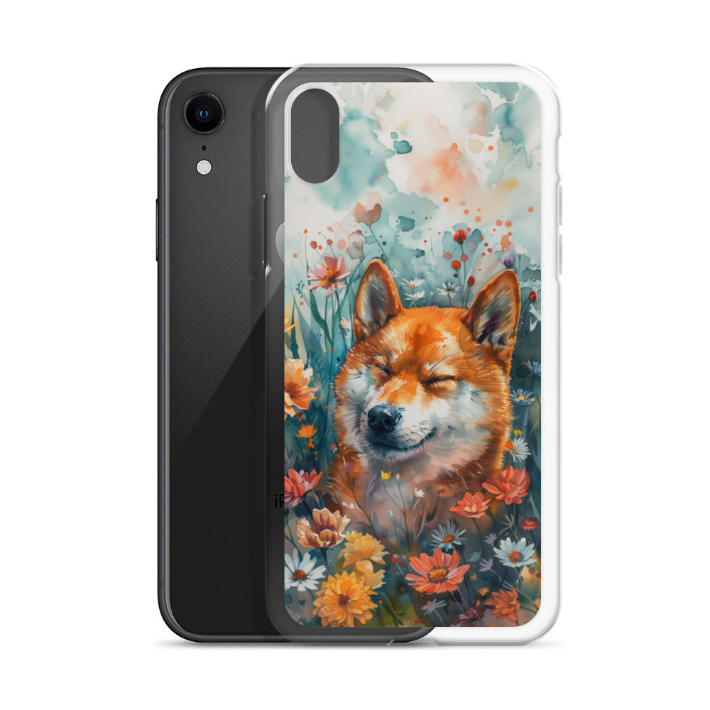 iPhone Case Watercolor Shiba Inu with Colorful Flowers