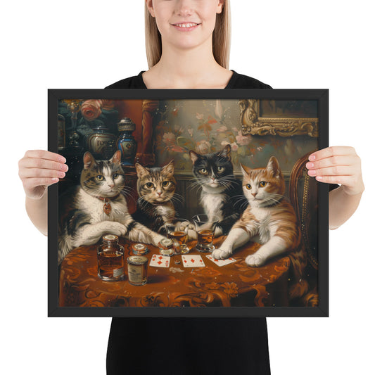 Poker Night with the Kitties – Funny Cat Art Framed Poster for Game Rooms, Living Spaces & Cat Lovers